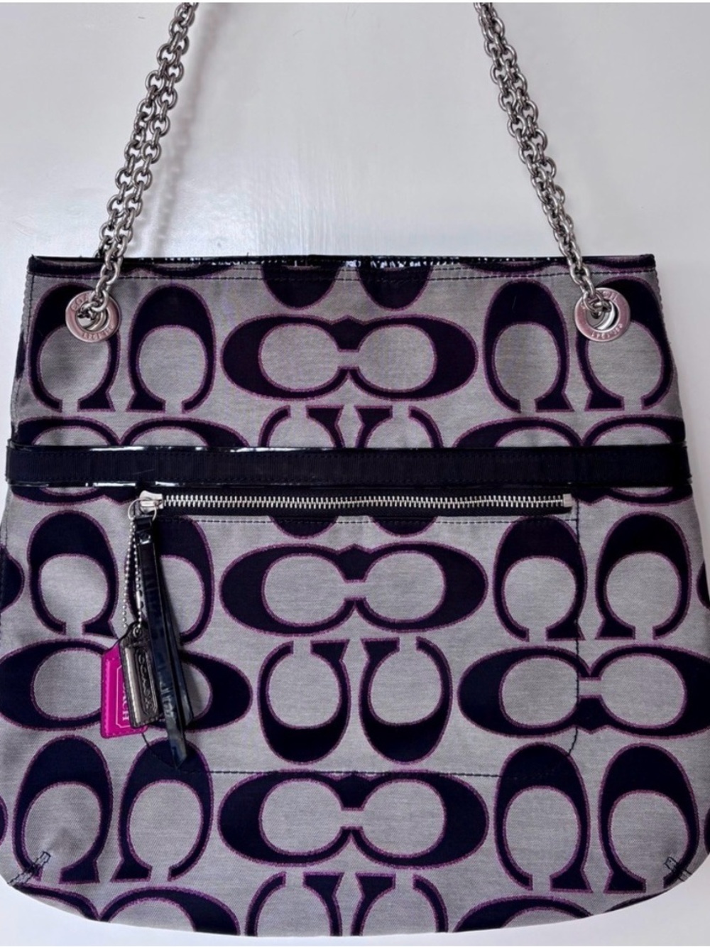 Coach| ‘Poppy’ Black/Silver/Pink Canvas & Leather Shoulder Bag w/Hang Tags